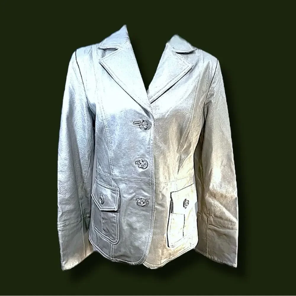 BRADLEY Elegant Silver Metallic Leather Oversize Rhinestone Buttons Jacket M